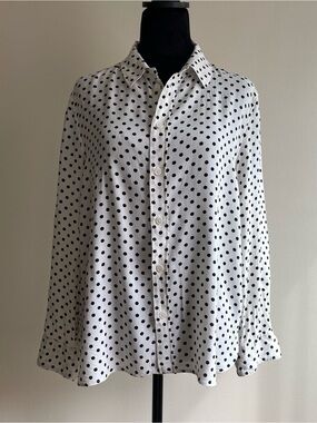 Zara Polka Dot Button Front Blouse XL White Black Long Sleeve